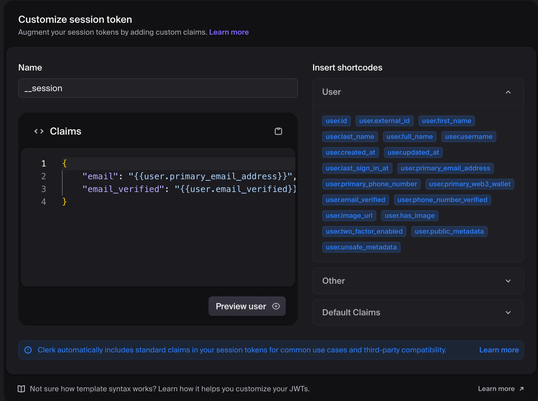 Clerk Customize session token editor with Coop email claims