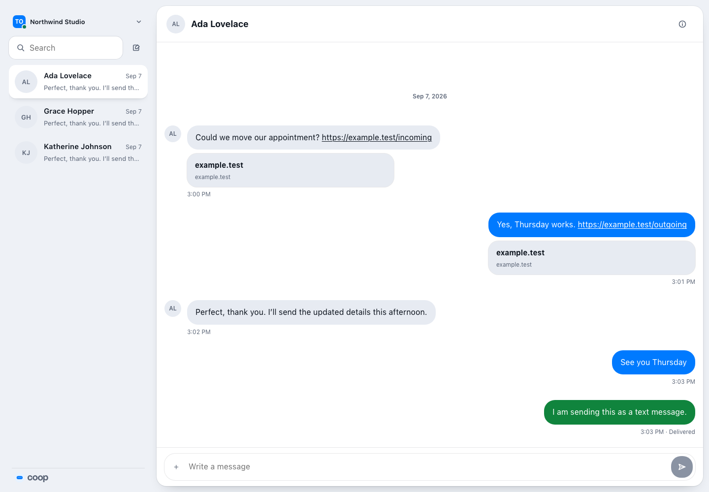 Coop dashboard inbox showing a conversation and team messages