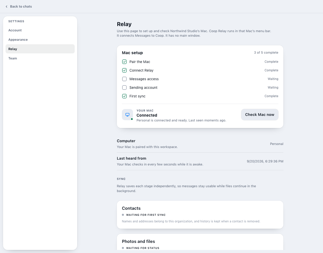Coop dashboard Relay settings showing Mac setup progress