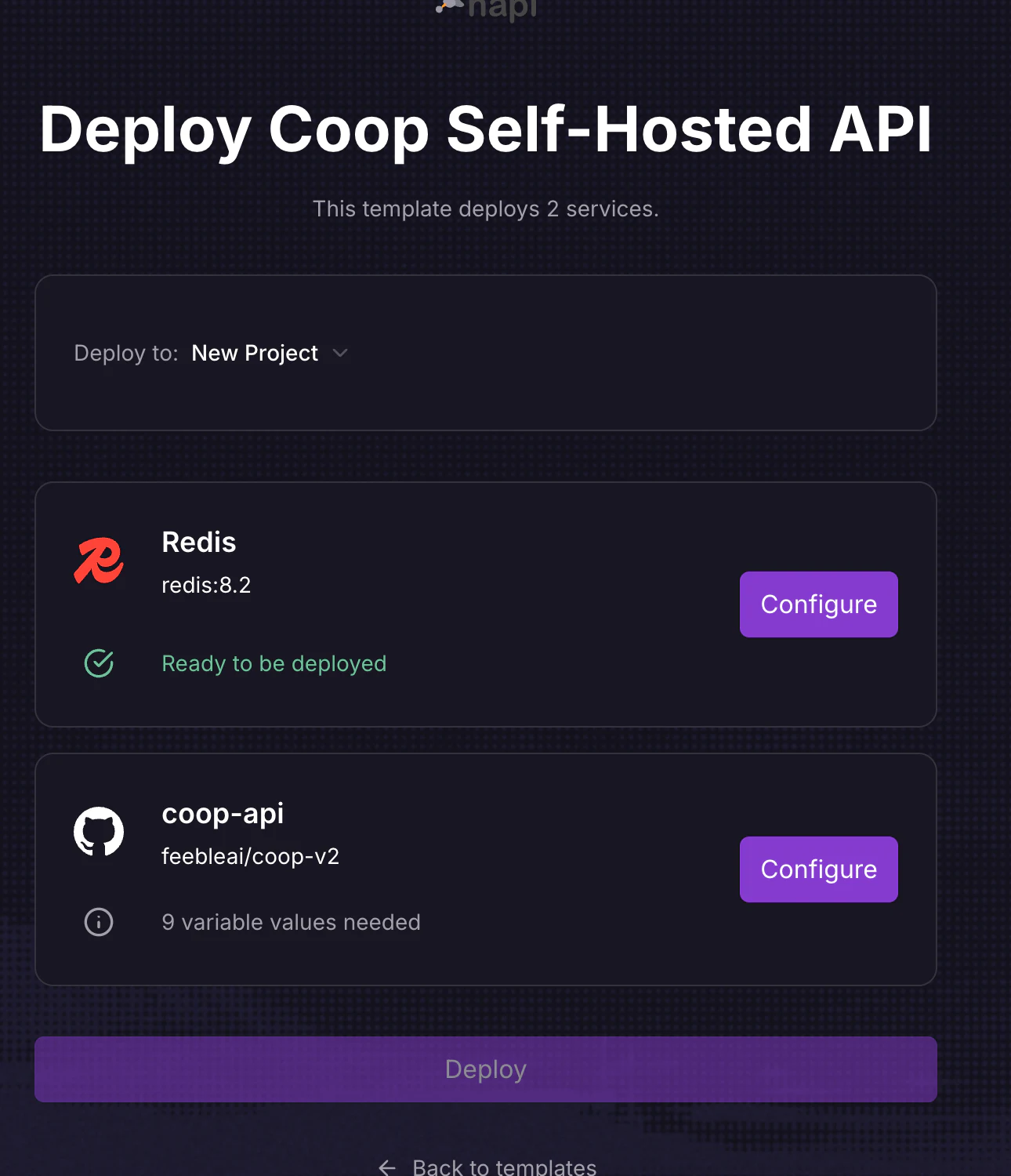 Railway Coop deployment form showing Redis and coop-api services