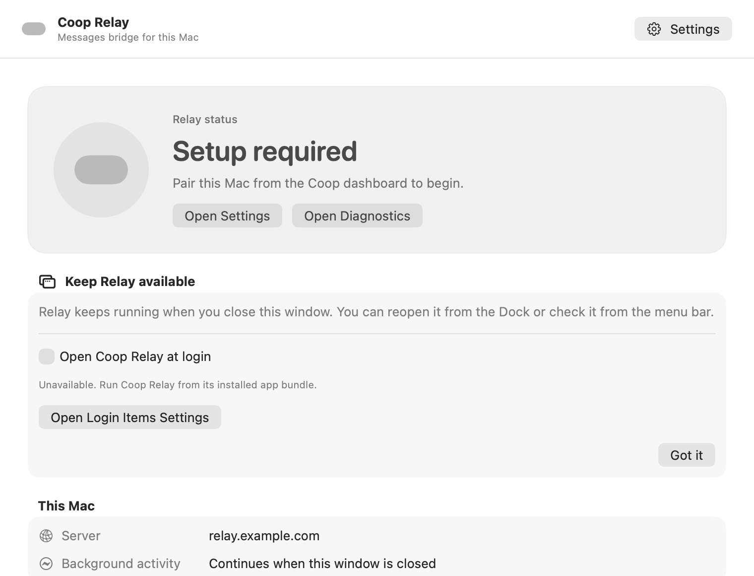 Coop Relay home showing that setup is required