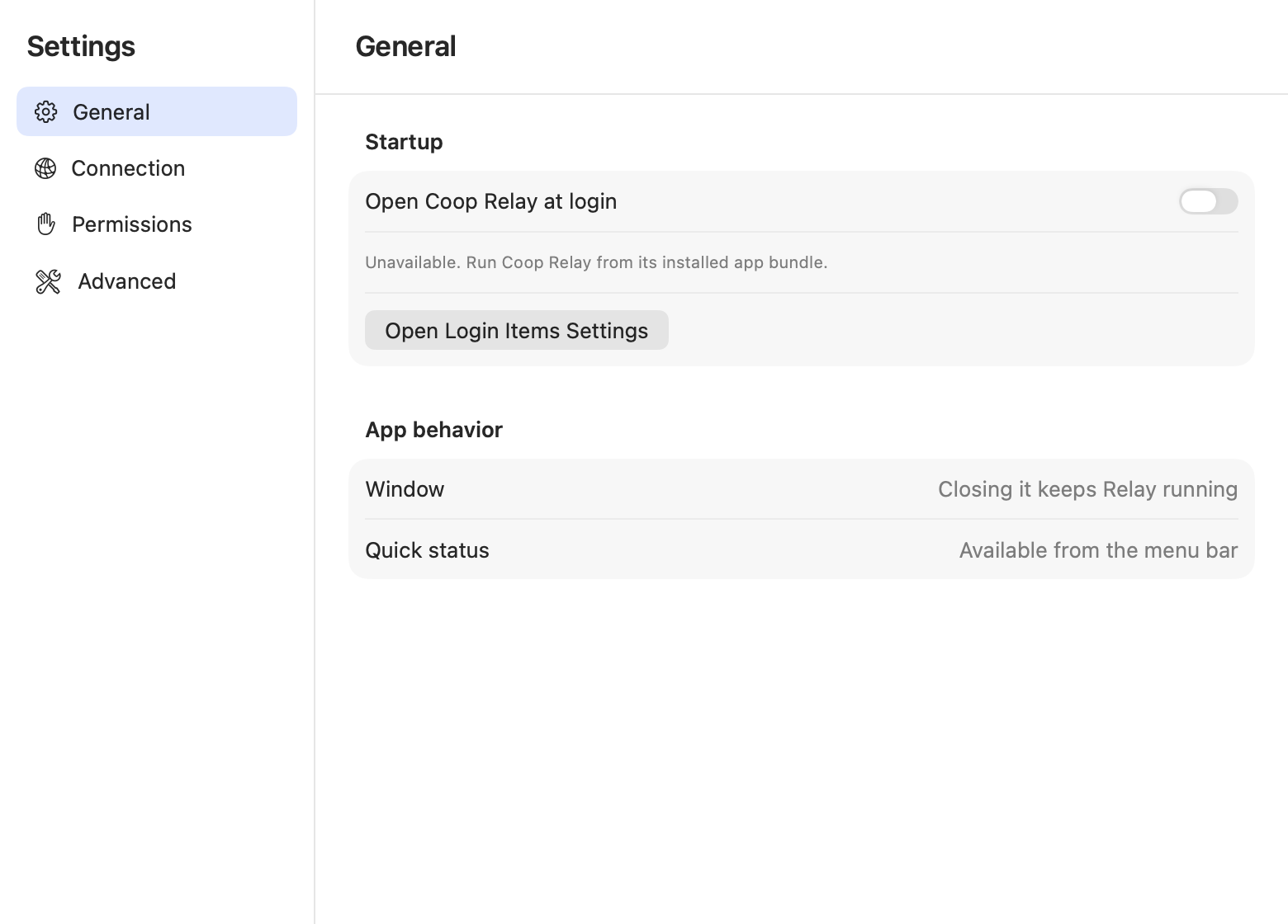 Coop Relay General settings showing startup and app behavior controls