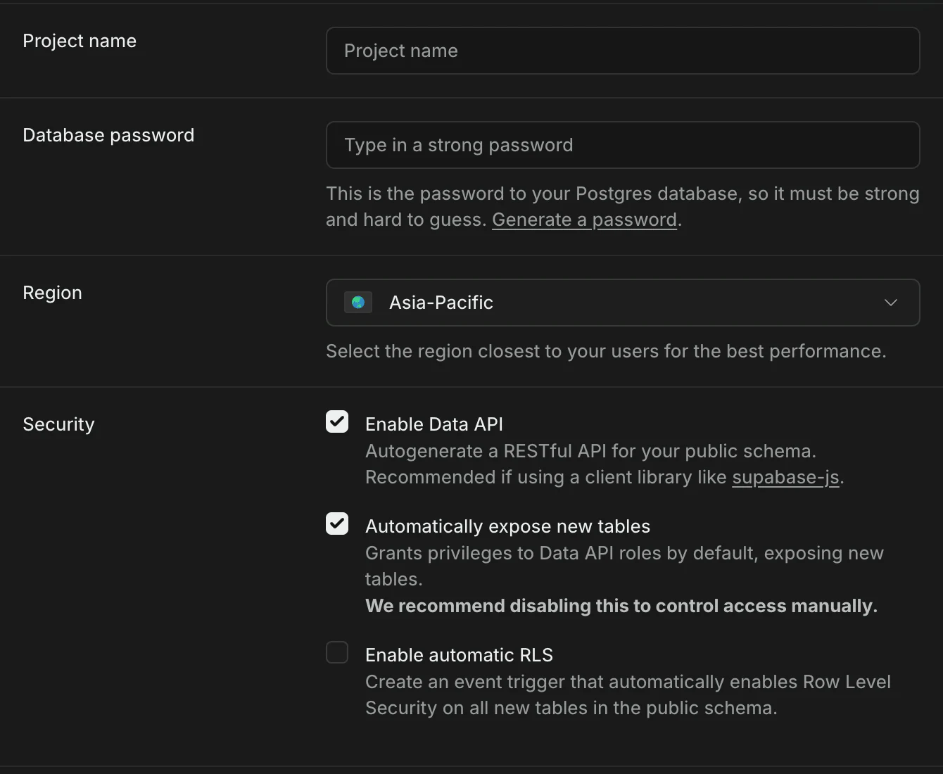 Supabase new project form showing database, region, and security settings
